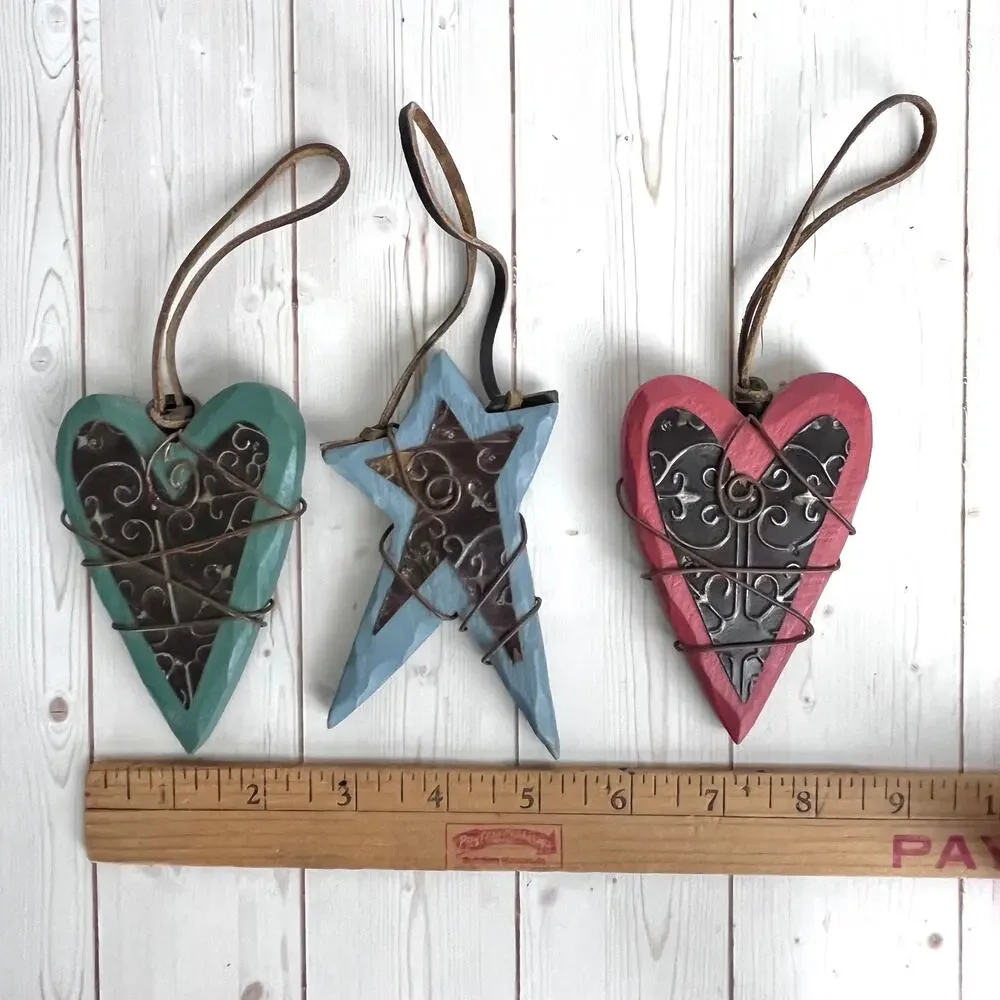 Rustic Western Wooden, Wire, Metal Leather Star & Hearts Ornaments & Tree Topper
